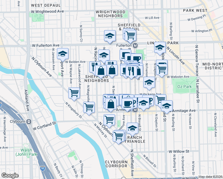 map of restaurants, bars, coffee shops, grocery stores, and more near 2119 North Seminary Avenue in Chicago