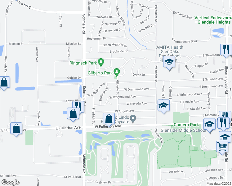 map of restaurants, bars, coffee shops, grocery stores, and more near 1692 Gilberto Street in Glendale Heights