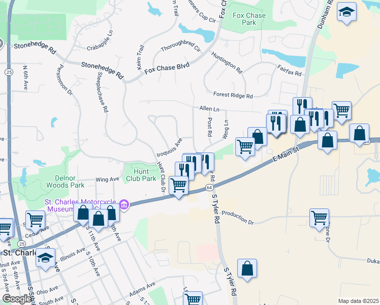 map of restaurants, bars, coffee shops, grocery stores, and more near 411 North Tyler Road in St. Charles