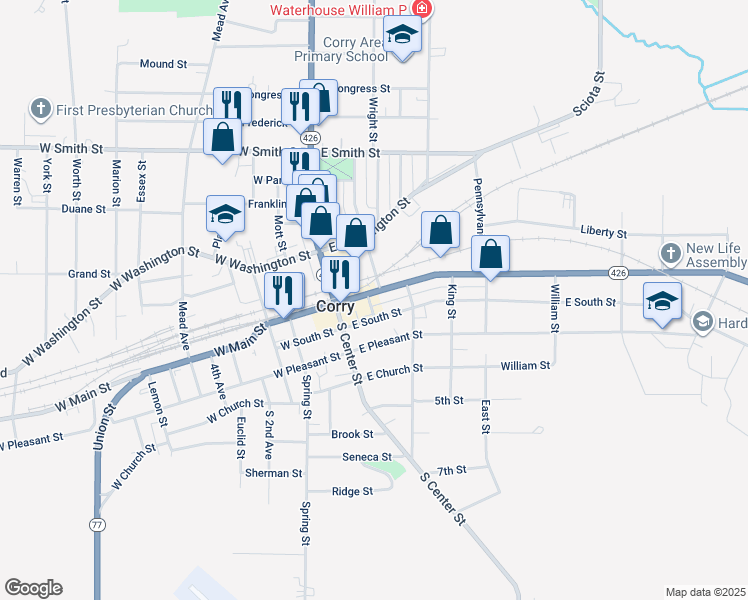 map of restaurants, bars, coffee shops, grocery stores, and more near 100 East Main Street in Corry