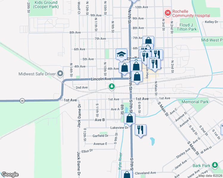 map of restaurants, bars, coffee shops, grocery stores, and more near 126 North 9th Street in Rochelle