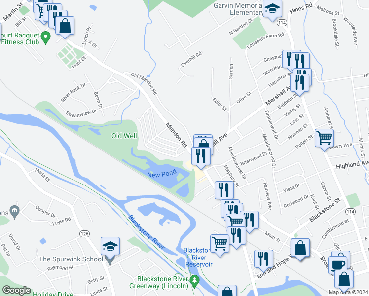 map of restaurants, bars, coffee shops, grocery stores, and more near 14 Mendon Road in Cumberland