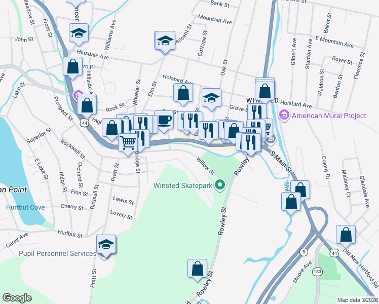 map of restaurants, bars, coffee shops, grocery stores, and more near 120 Willow Street in Winsted