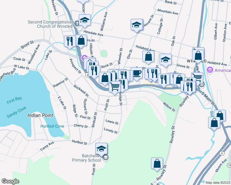 map of restaurants, bars, coffee shops, grocery stores, and more near 10 Bridge Street in Winsted