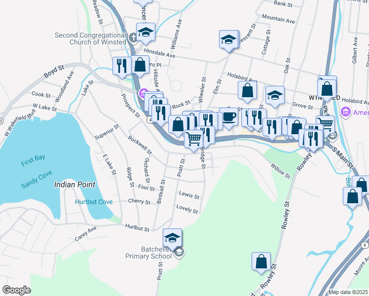 map of restaurants, bars, coffee shops, grocery stores, and more near in Winsted