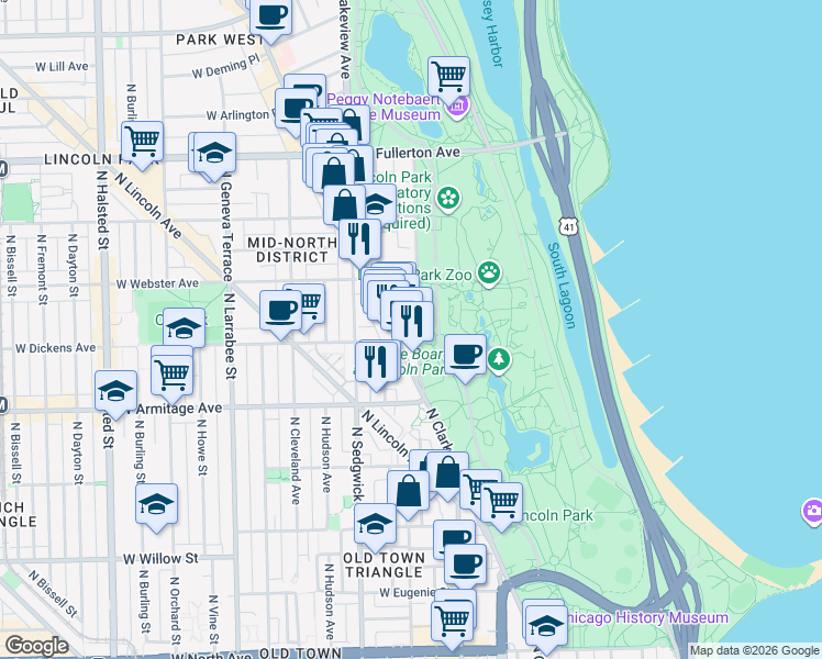 map of restaurants, bars, coffee shops, grocery stores, and more near 2100 North Lincoln Park West in Chicago