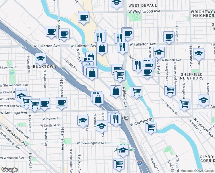 map of restaurants, bars, coffee shops, grocery stores, and more near 2123 North Elston Avenue in Chicago
