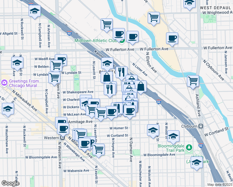 map of restaurants, bars, coffee shops, grocery stores, and more near 2047 West Shakespeare Avenue in Chicago