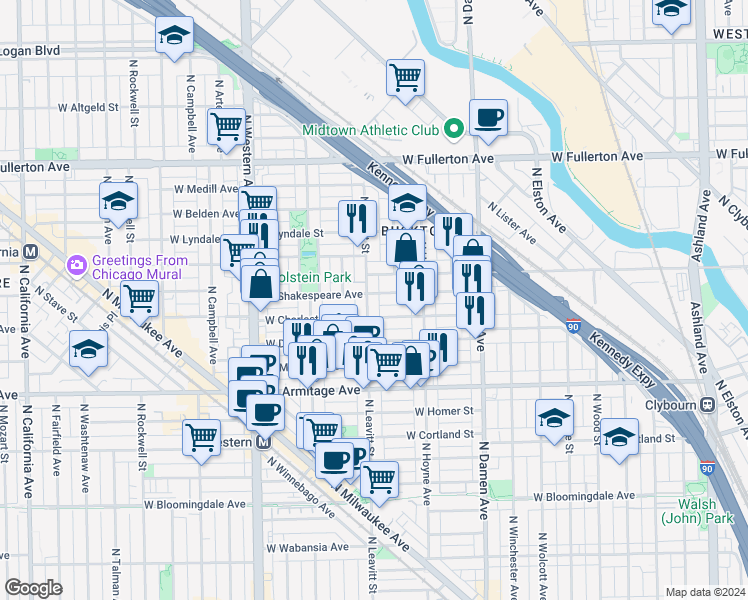 map of restaurants, bars, coffee shops, grocery stores, and more near 2115 North Leavitt Street in Chicago
