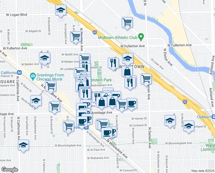 map of restaurants, bars, coffee shops, grocery stores, and more near 2235 West Shakespeare Avenue in Chicago