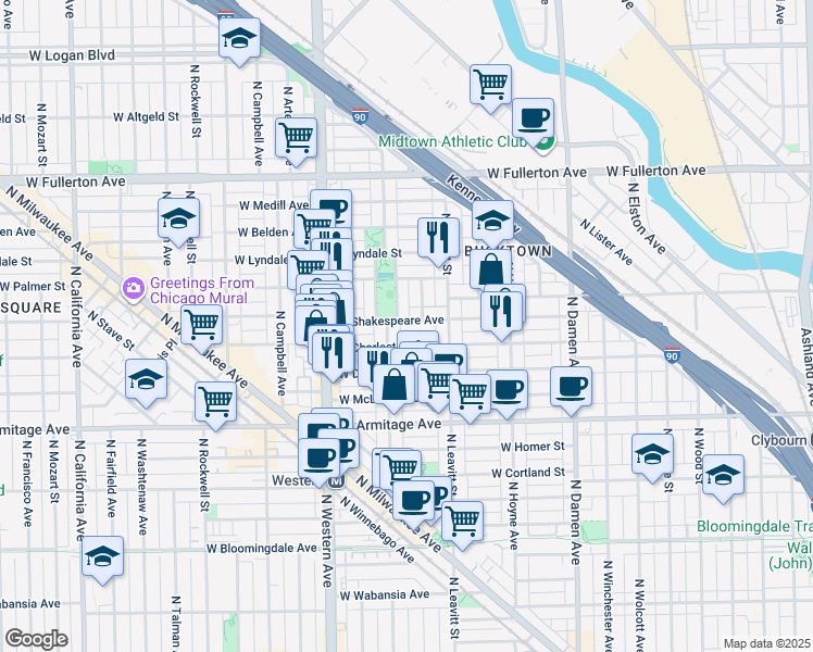 map of restaurants, bars, coffee shops, grocery stores, and more near 2235 West Shakespeare Avenue in Chicago