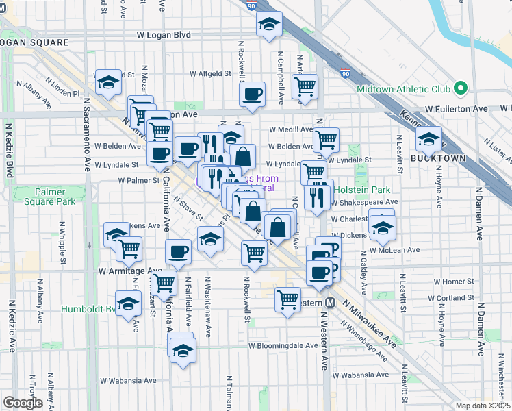 map of restaurants, bars, coffee shops, grocery stores, and more near 2140 North Maplewood Avenue in Chicago