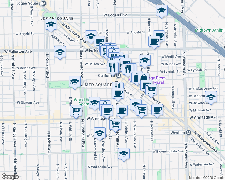 map of restaurants, bars, coffee shops, grocery stores, and more near 2801 West Shakespeare Avenue in Chicago