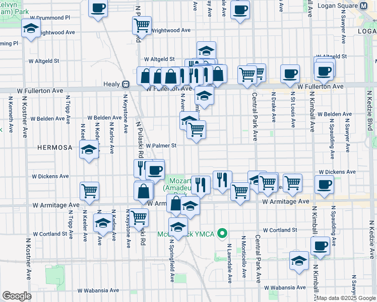 map of restaurants, bars, coffee shops, grocery stores, and more near 2148 North Avers Avenue in Chicago