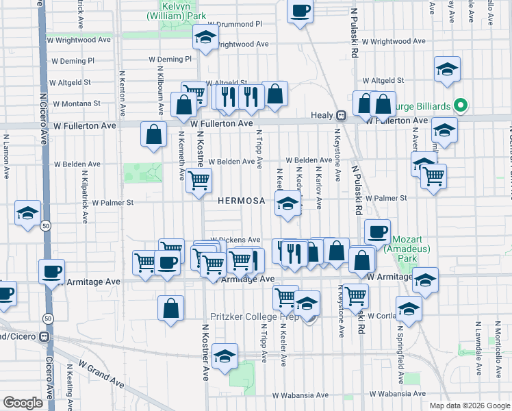 map of restaurants, bars, coffee shops, grocery stores, and more near 4249 West Palmer Street in Chicago