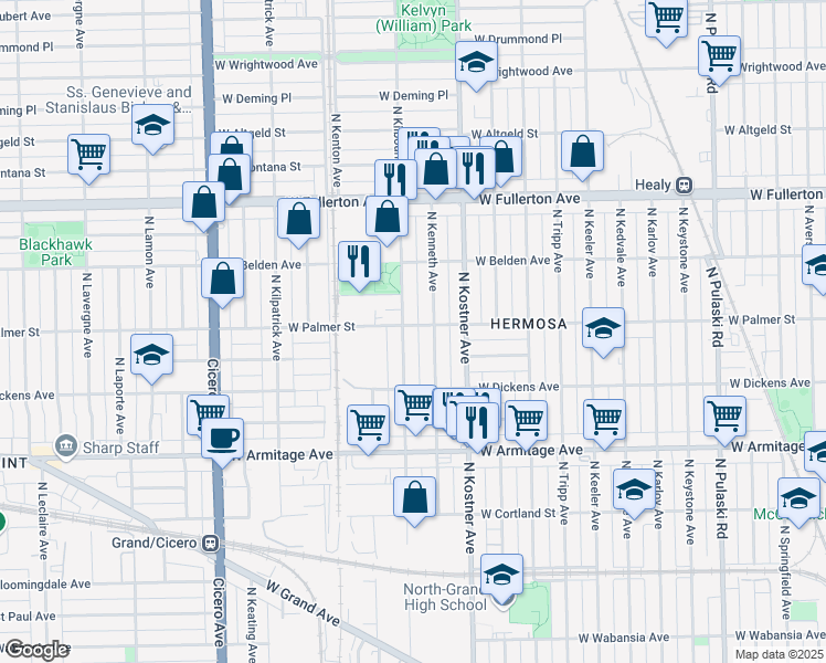map of restaurants, bars, coffee shops, grocery stores, and more near 2154 North Kenneth Avenue in Chicago