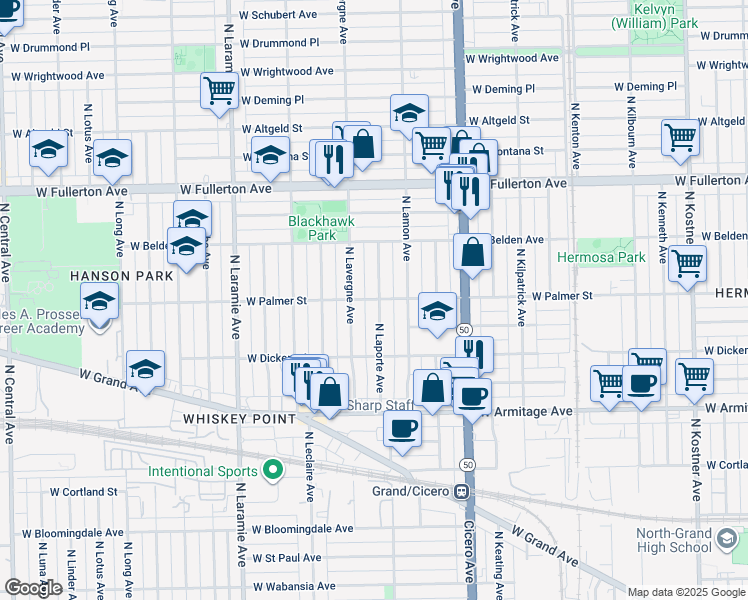 map of restaurants, bars, coffee shops, grocery stores, and more near 2158 North Laporte Avenue in Chicago