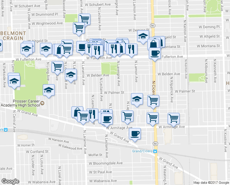 map of restaurants, bars, coffee shops, grocery stores, and more near 2156 North Lavergne Avenue in Chicago