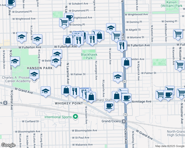 map of restaurants, bars, coffee shops, grocery stores, and more near 2156 North Lavergne Avenue in Chicago