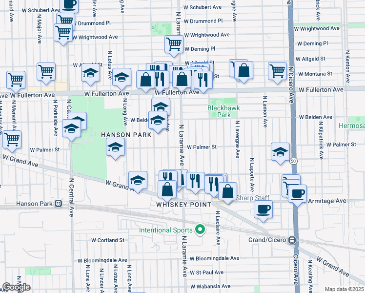 map of restaurants, bars, coffee shops, grocery stores, and more near 2200 North Laramie Avenue in Chicago