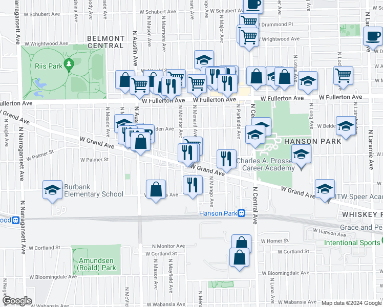 map of restaurants, bars, coffee shops, grocery stores, and more near 2206 North Menard Avenue in Chicago