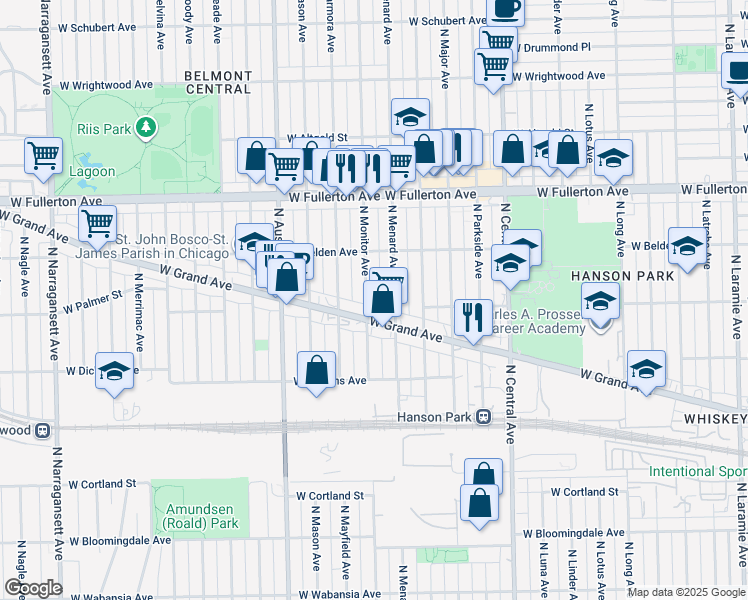 map of restaurants, bars, coffee shops, grocery stores, and more near 2206 North Menard Avenue in Chicago