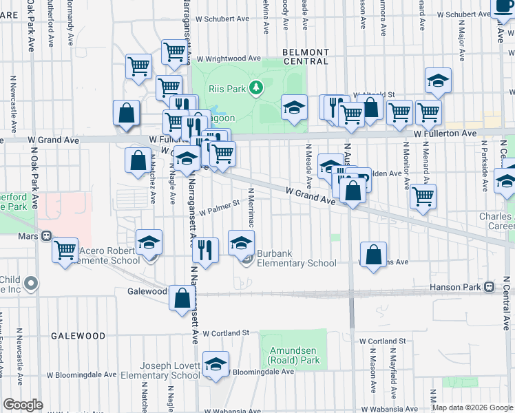 map of restaurants, bars, coffee shops, grocery stores, and more near 2179 North Merrimac Avenue in Chicago