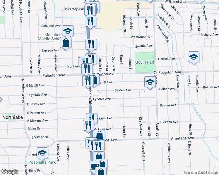 map of restaurants, bars, coffee shops, grocery stores, and more near 10312 Belden Avenue in Melrose Park