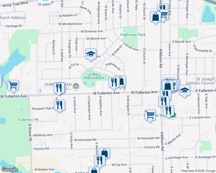 map of restaurants, bars, coffee shops, grocery stores, and more near 276 West Fullerton Avenue in Addison