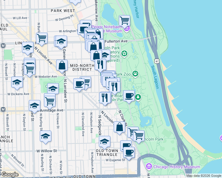 map of restaurants, bars, coffee shops, grocery stores, and more near 2109 North Clark Street in Chicago