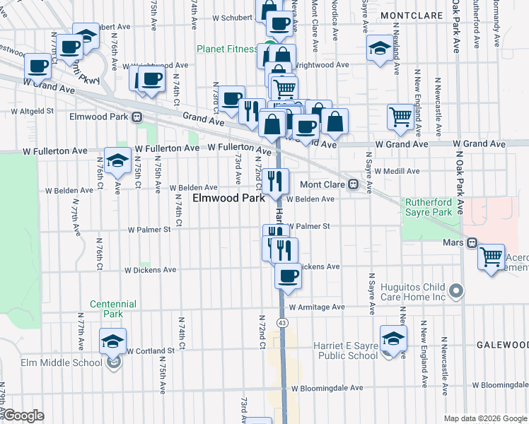 map of restaurants, bars, coffee shops, grocery stores, and more near 2215 North 72nd Court in Elmwood Park