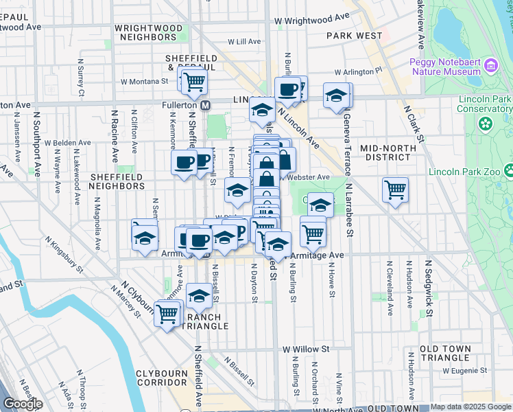 map of restaurants, bars, coffee shops, grocery stores, and more near 2115 North Dayton Street in Chicago