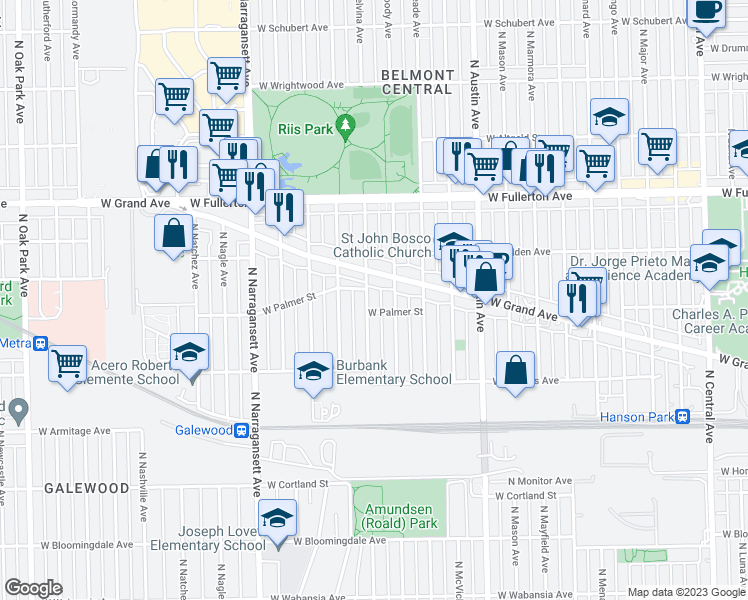map of restaurants, bars, coffee shops, grocery stores, and more near 2211 North Melvina Avenue in Chicago