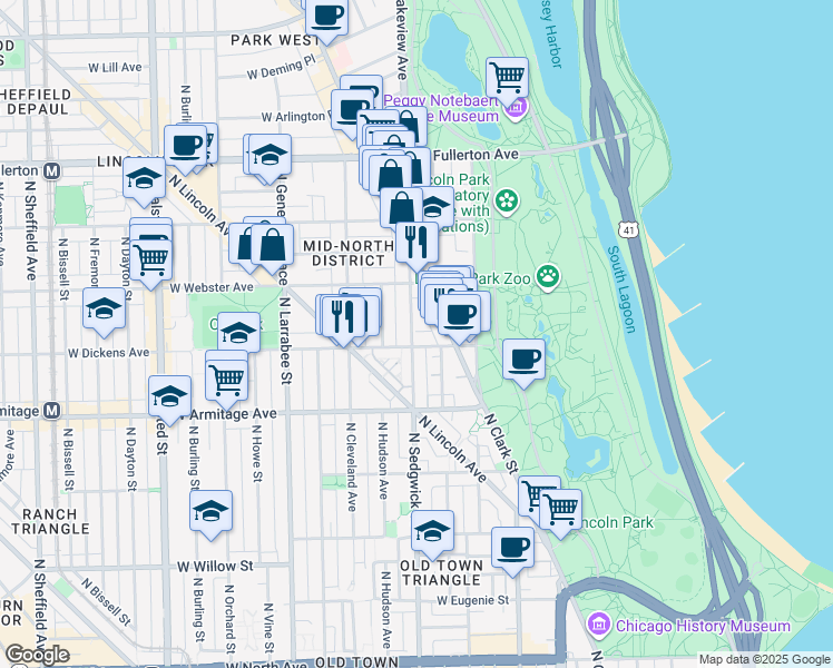 map of restaurants, bars, coffee shops, grocery stores, and more near 2111 North Sedgwick Street in Chicago