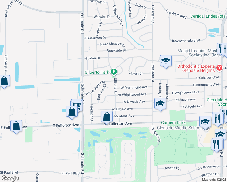 map of restaurants, bars, coffee shops, grocery stores, and more near 1692 Gilberto Street in Glendale Heights