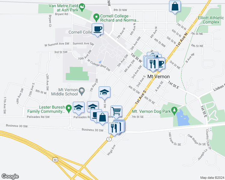map of restaurants, bars, coffee shops, grocery stores, and more near 610 4th Avenue Southwest in Mount Vernon