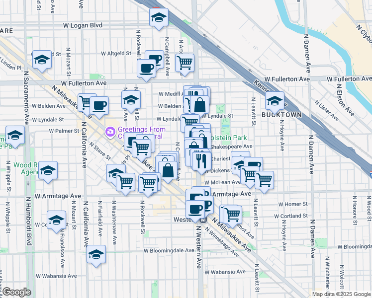 map of restaurants, bars, coffee shops, grocery stores, and more near 2132 North Western Avenue in Chicago