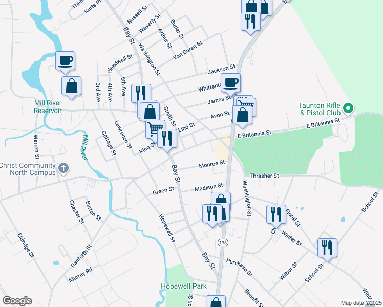map of restaurants, bars, coffee shops, grocery stores, and more near 15 East Britannia Street in Taunton