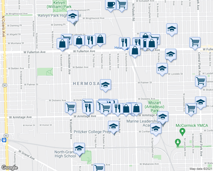 map of restaurants, bars, coffee shops, grocery stores, and more near 2150 North Kedvale Avenue in Chicago