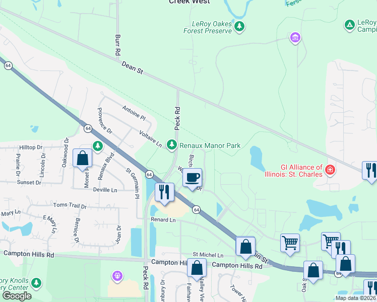 map of restaurants, bars, coffee shops, grocery stores, and more near 282 Birch Lane in St. Charles