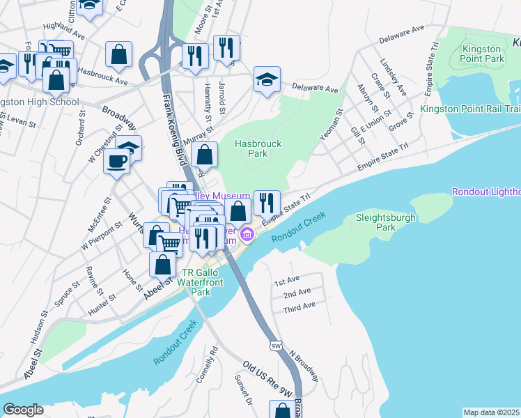 map of restaurants, bars, coffee shops, grocery stores, and more near 89 East Strand Street in Kingston