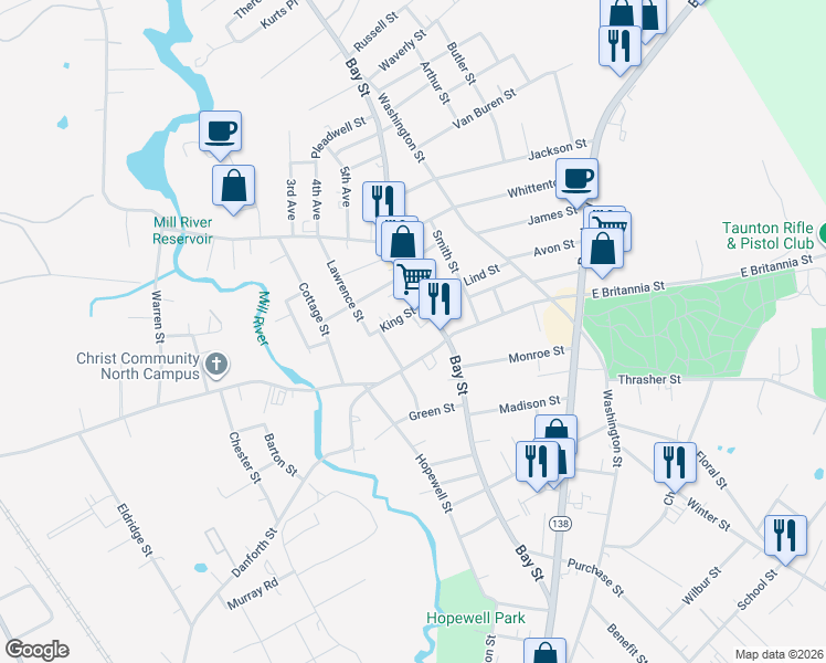 map of restaurants, bars, coffee shops, grocery stores, and more near 8R King Street in Taunton
