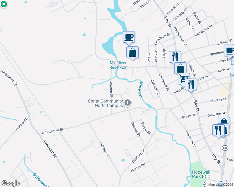 map of restaurants, bars, coffee shops, grocery stores, and more near 8 Clifton Street in Taunton