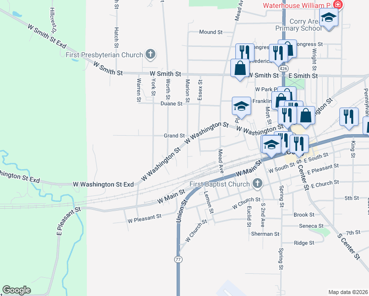 map of restaurants, bars, coffee shops, grocery stores, and more near 504 W Washington St in Corry