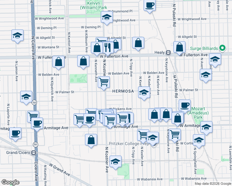 map of restaurants, bars, coffee shops, grocery stores, and more near 4323 West Palmer Street in Chicago