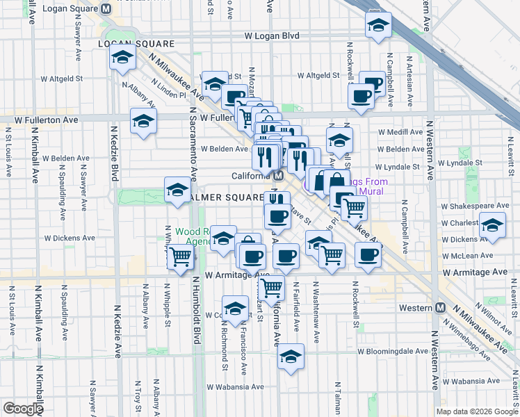 map of restaurants, bars, coffee shops, grocery stores, and more near 2801 West Shakespeare Avenue in Chicago