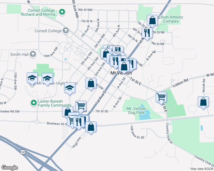 map of restaurants, bars, coffee shops, grocery stores, and more near 307 1st Avenue South in Mount Vernon