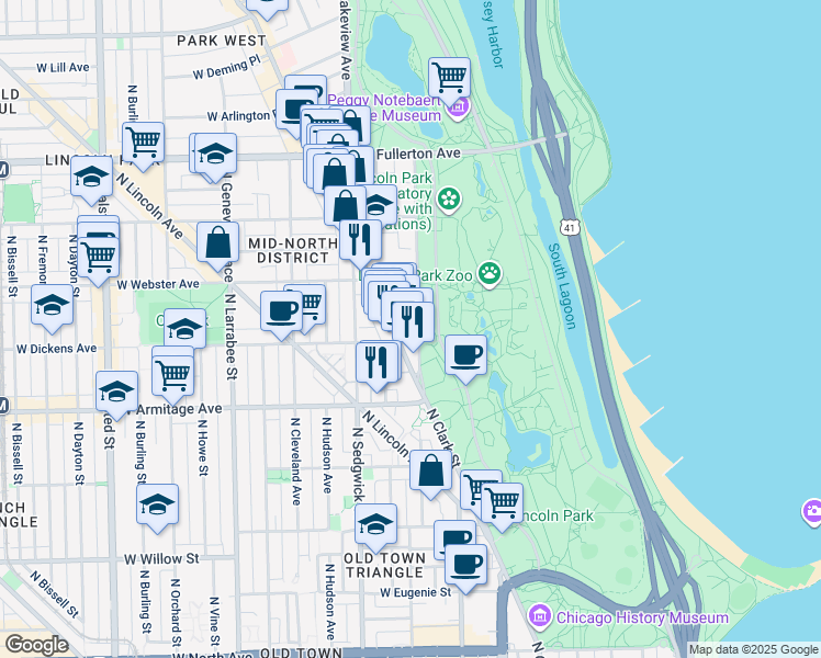 map of restaurants, bars, coffee shops, grocery stores, and more near 2100 North Lincoln Park West in Chicago