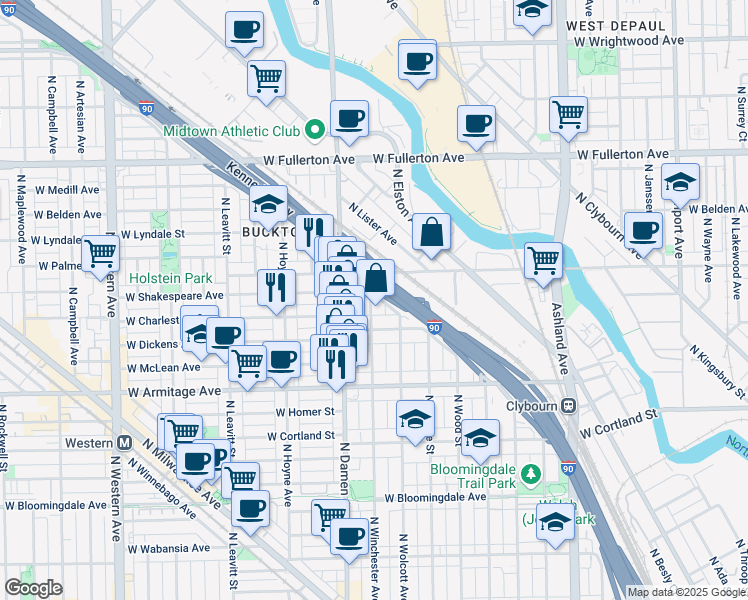 map of restaurants, bars, coffee shops, grocery stores, and more near 2129 North Winchester Avenue in Chicago