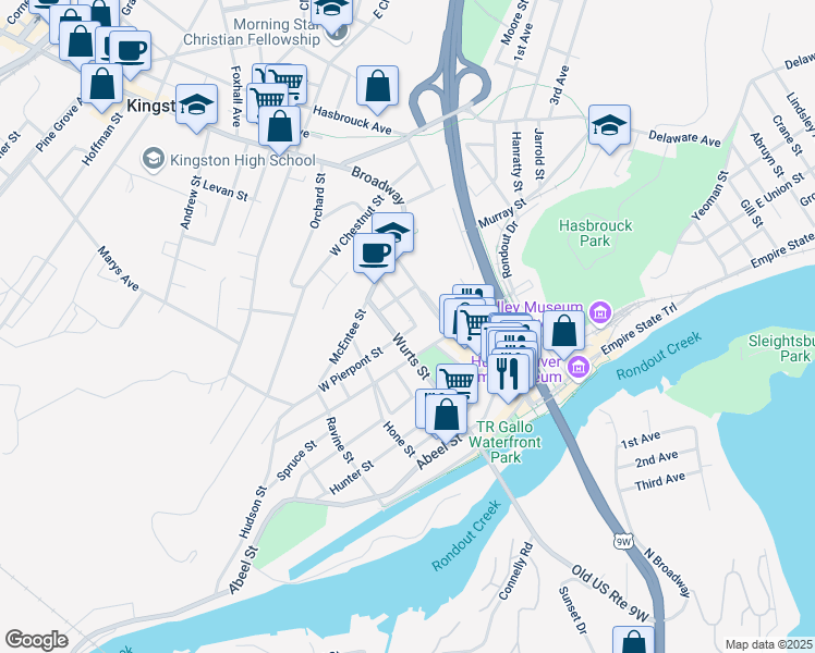 map of restaurants, bars, coffee shops, grocery stores, and more near 23 West Pierpont Street in Kingston